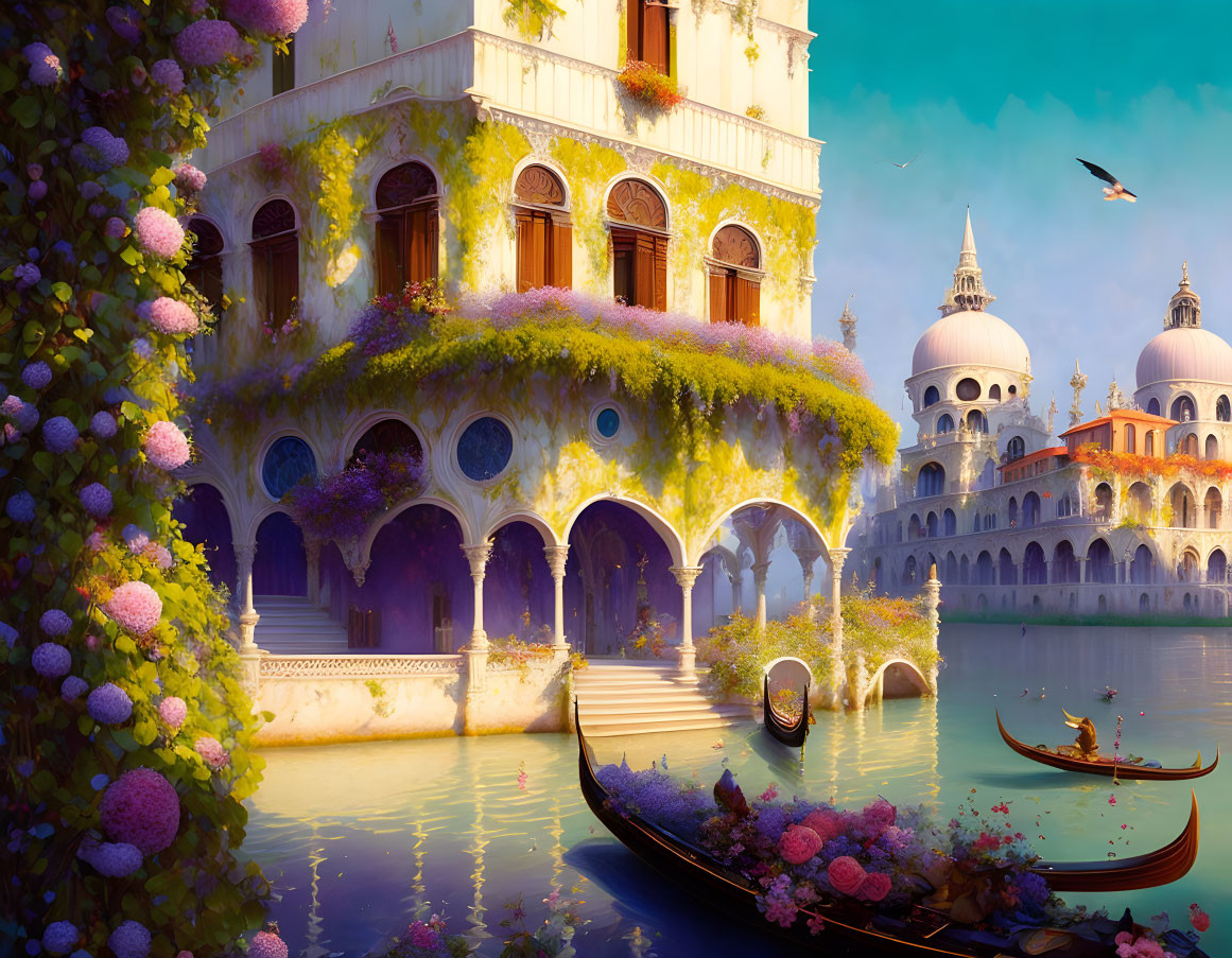 Venetian scene with gondolas, vibrant flora, historic architecture, and distant cathedral.