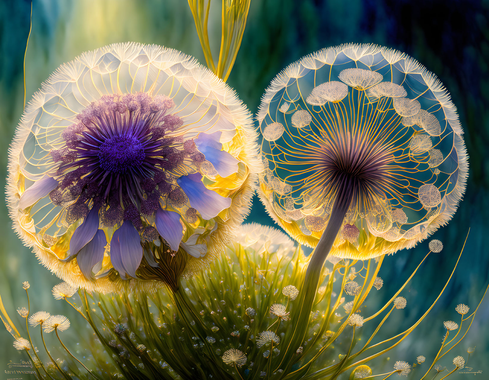 Stylized dandelion seeds with intricate lace-like patterns on green background