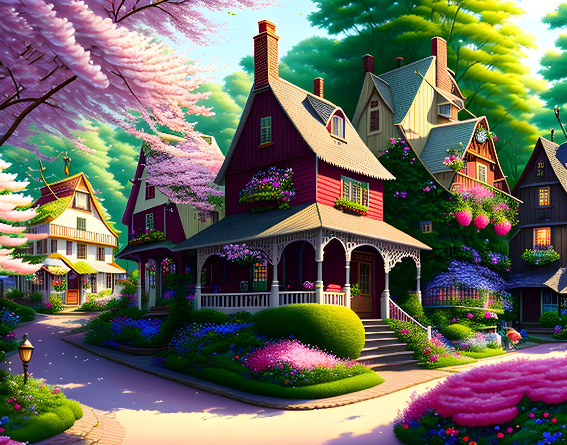 Charming Victorian-style houses on colorful street with pink blossoming trees