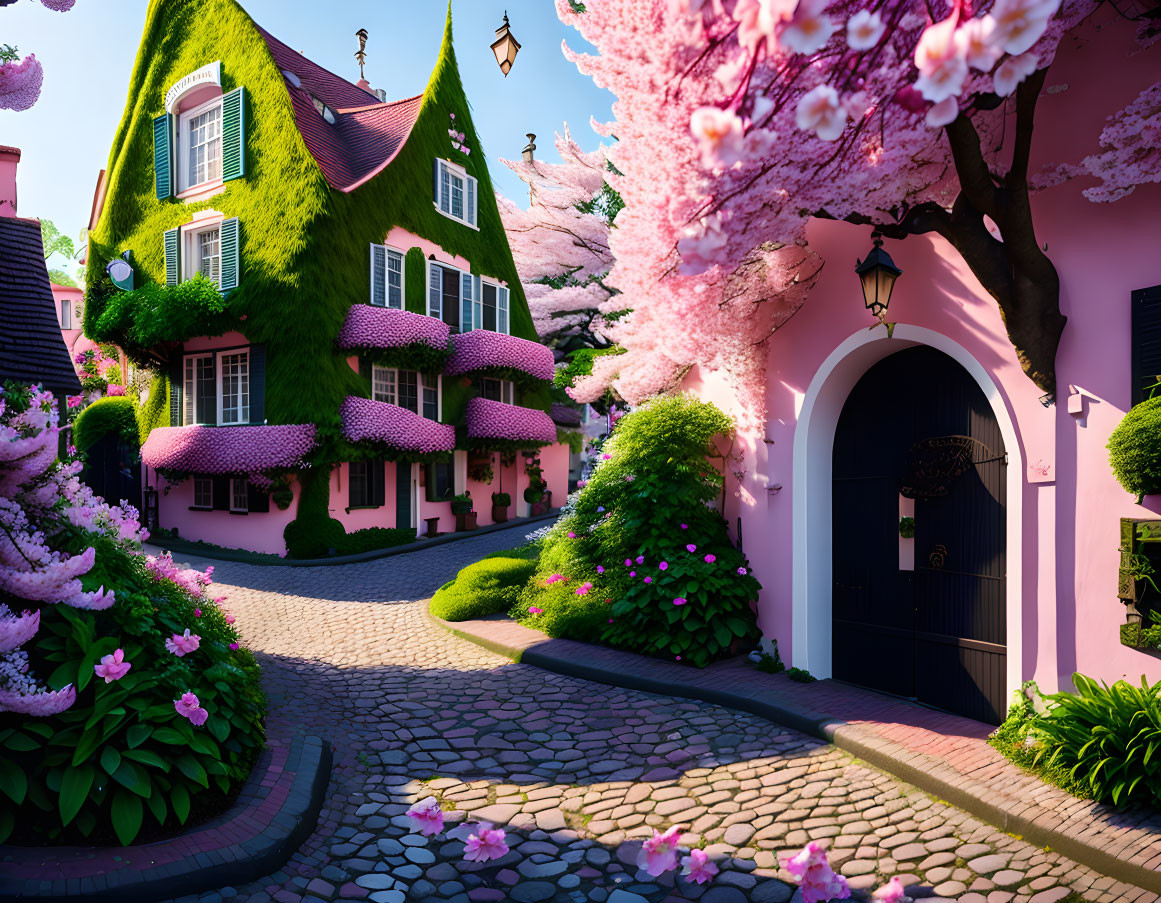 Vibrant pink blossomed trees in quaint village scene