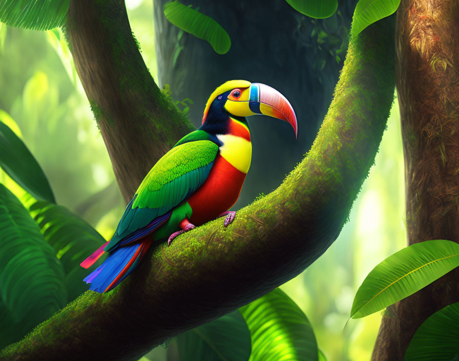 Colorful Toucan on Tree Branch in Lush Green Foliage