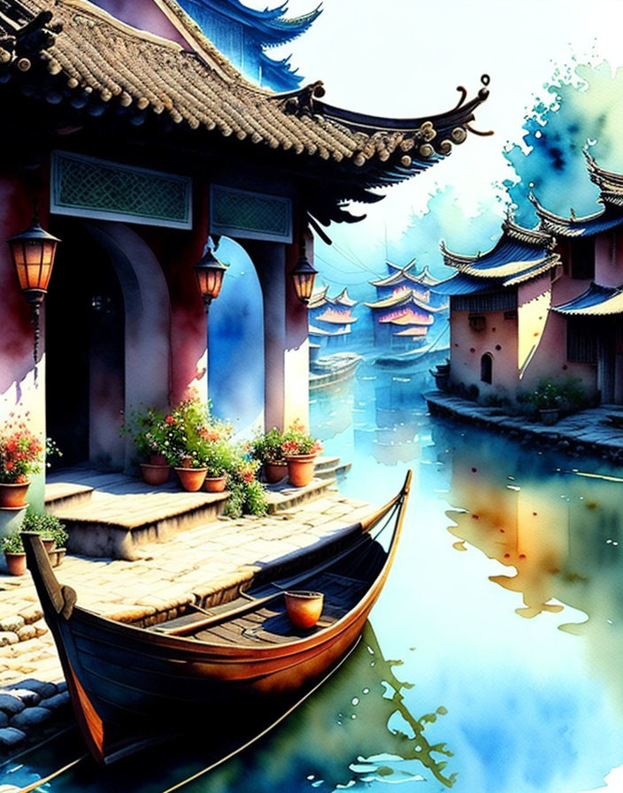 Traditional Asian Riverside Scene with Classical Architecture and Wooden Boat