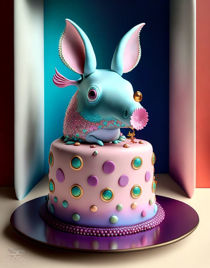 Colorful Polka-Dot Cake with Fondant Fantasy Creature