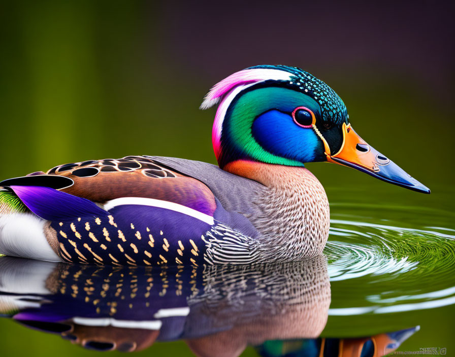 Colorful Wood Duck with Iridescent Plumage Floating on Calm Water