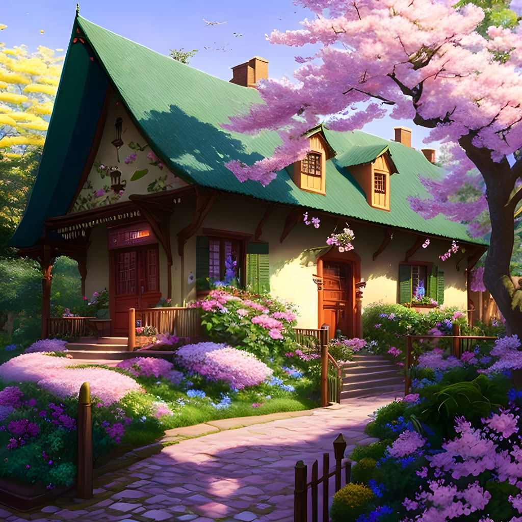 Charming cottage with green roof in lush garden & blooming cherry trees