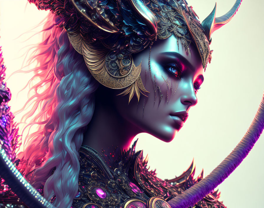 Fantasy figure with ornate horns, elaborate headdress, detailed armor, vibrant makeup in mystical setting