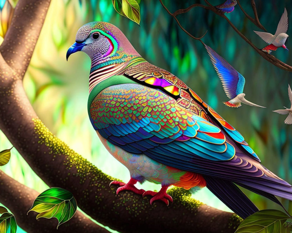 Colorful pigeon with intricate patterns perched in lush forest, hummingbird nearby