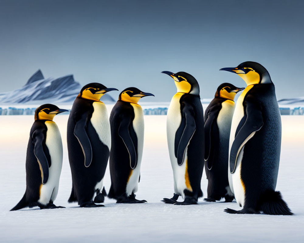 Emperor penguins on icy landscape with glacier and mountains