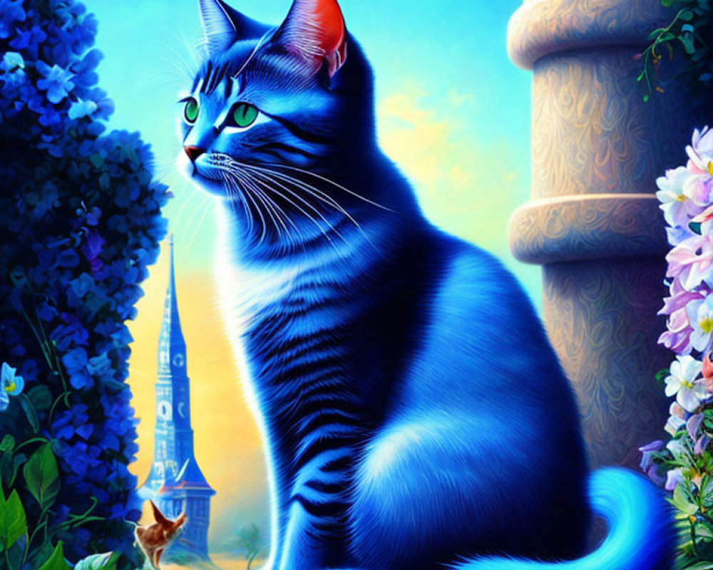 Blue Striped Cat in Colorful Garden with Eiffel Tower Background