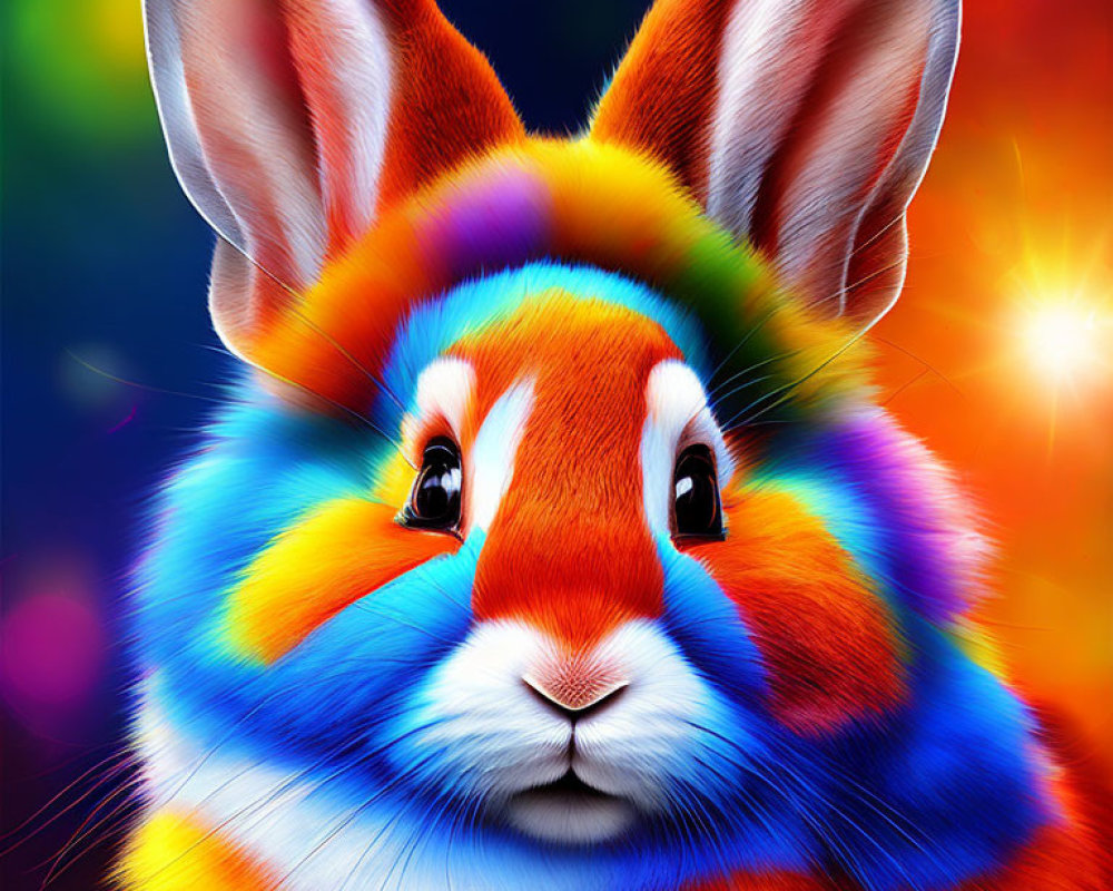 Colorful Rainbow Rabbit Illustration on Multicolored Bokeh Background