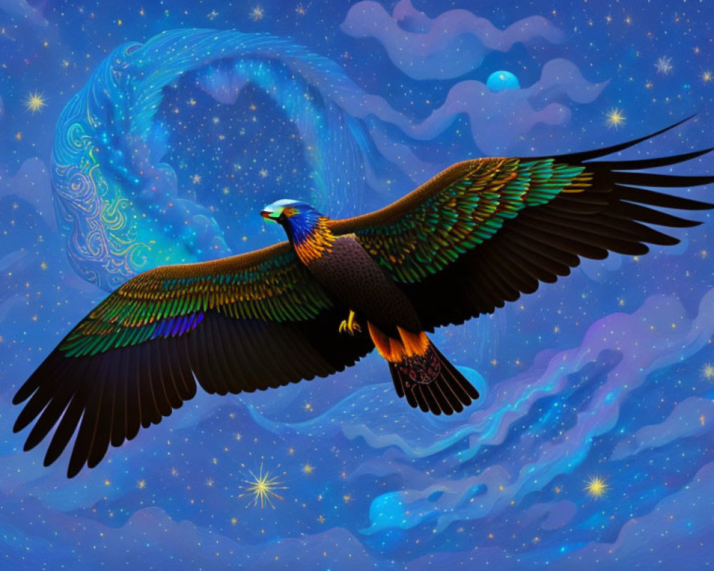 Eagle soaring against starry night sky with galaxies