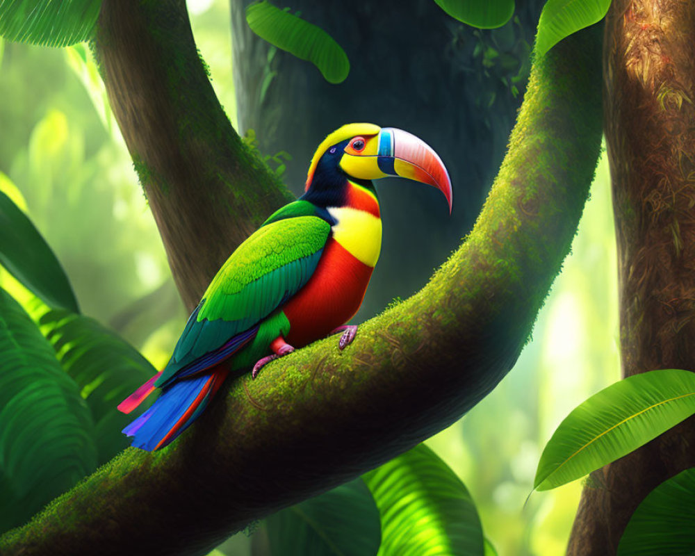 Colorful Toucan on Tree Branch in Lush Green Foliage