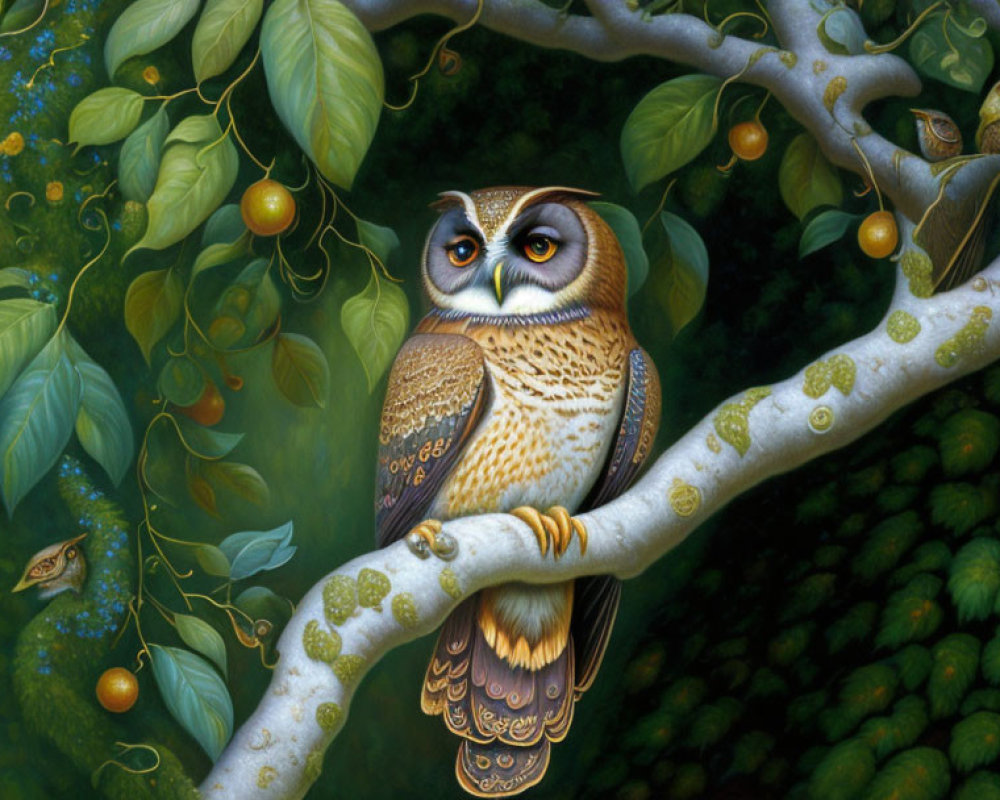 Detailed painting: Brown owl on tree branch with ripe fruits, dense foliage, and smaller owl.