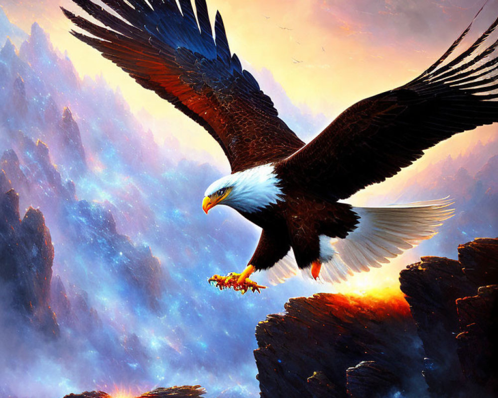 Bald Eagle Soaring Over Fiery Sunset Landscape