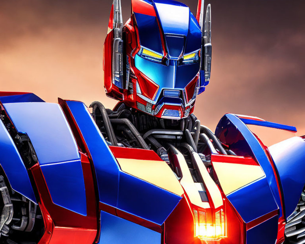 Detailed Close-Up of Optimus Prime's Head and Chest Against Moody Sky