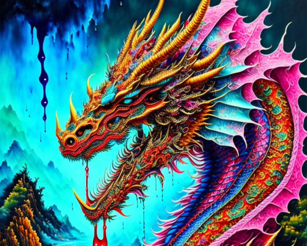 Colorful Mythical Dragon Art Against Mountain Landscape