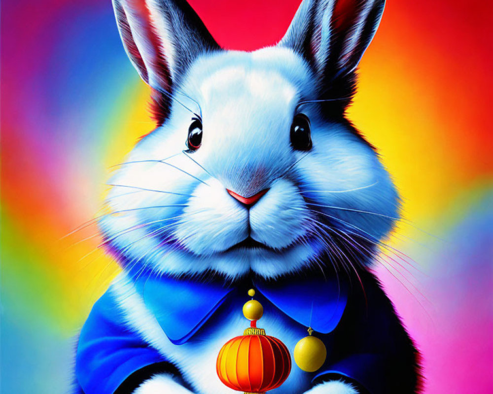 Colorful Rabbit with Blue Jacket Holding Red Lantern on Rainbow Background