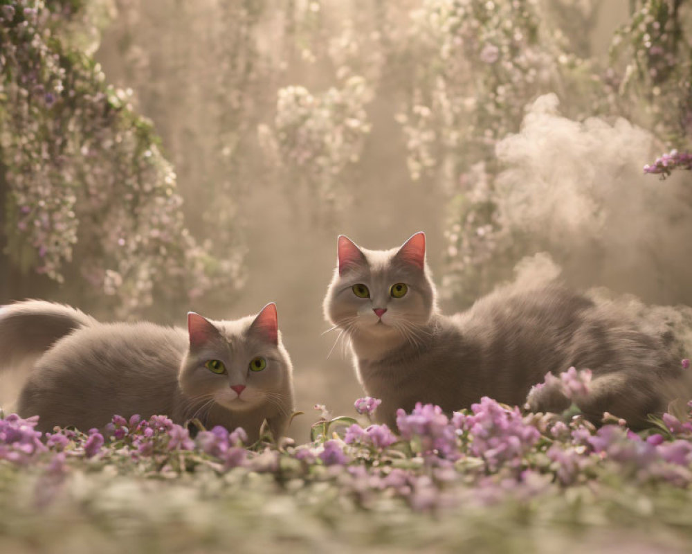 Fluffy White Cats with Pink Ears and Green Eyes Relaxing in Purple Flower Garden