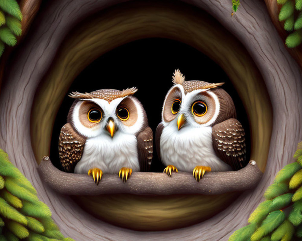 Cartoon Owls Perched in Hollow Tree with Green Leaves