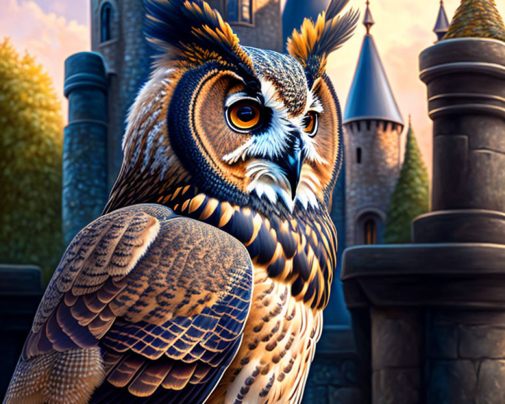 Majestic owl with striking eyes in front of fantasy castle at dusk