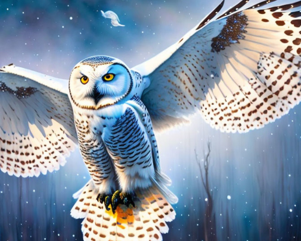 Snowy Owl Flying in Wintry Forest with Falling Snowflakes