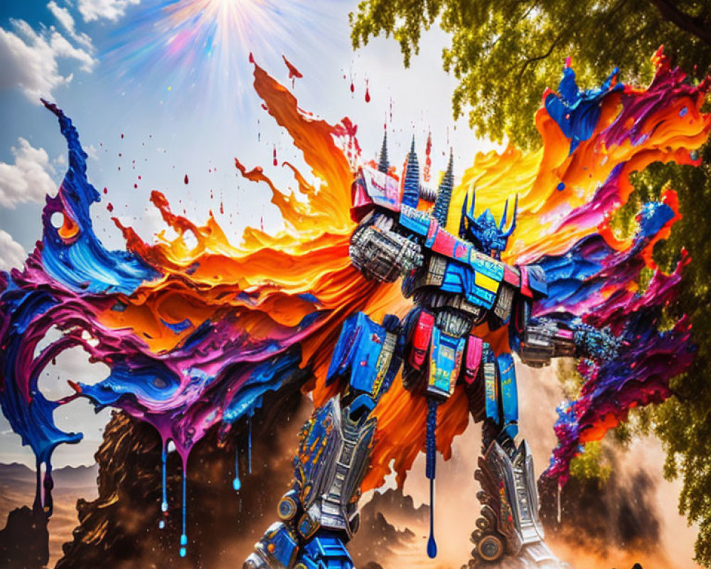 Colorful Fluid Explosion Backdrop with Robot Resembling Optimus Prime under Radiant Sun