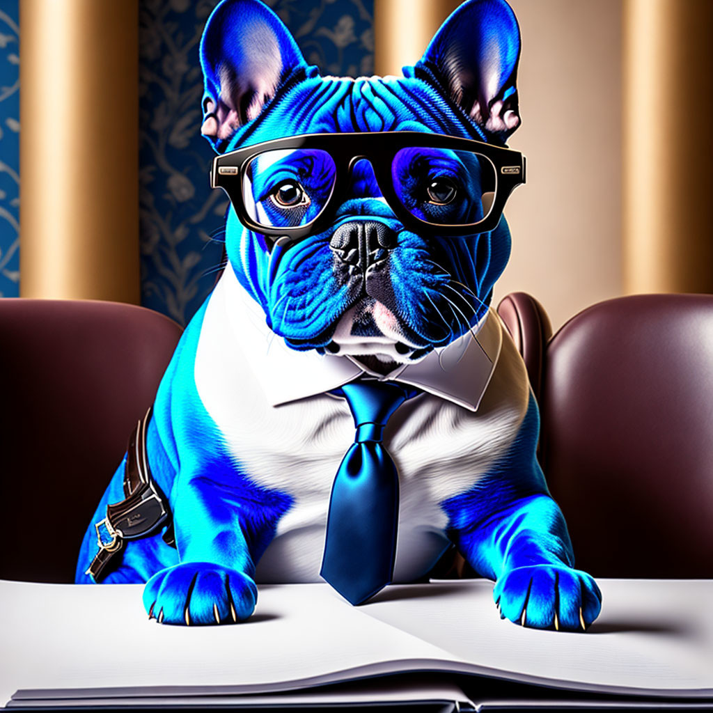 Stylized French Bulldog with blue fur, glasses, tie, satchel, and desk