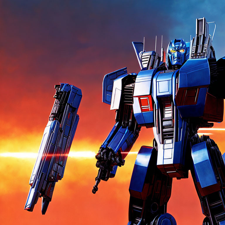 Large Blue and Silver Robot with Flying Spacecraft in Fiery Sky