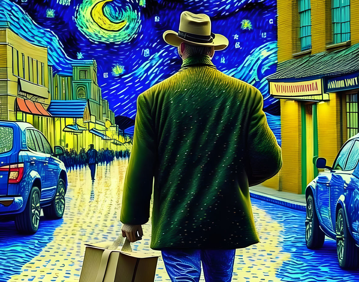 Person in hat and coat walking in street resembling "Starry Night" painting