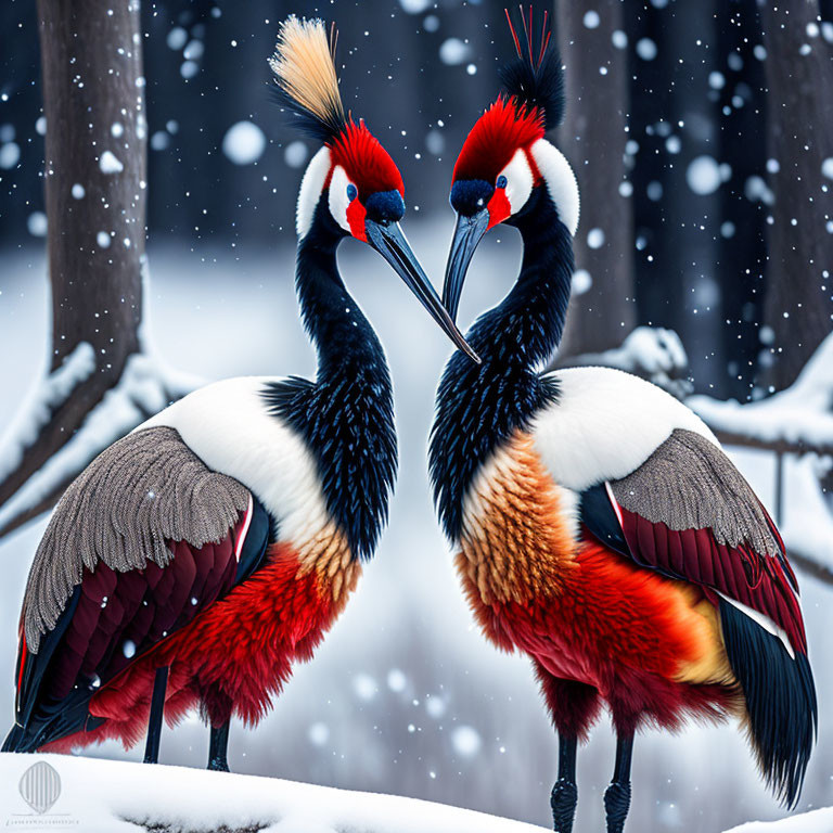 Pair of Grey Crowned Cranes in Snowy Scene with Beaks Touching