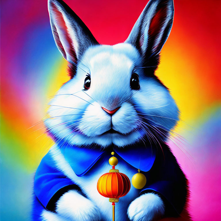 Colorful Rabbit with Blue Jacket Holding Red Lantern on Rainbow Background