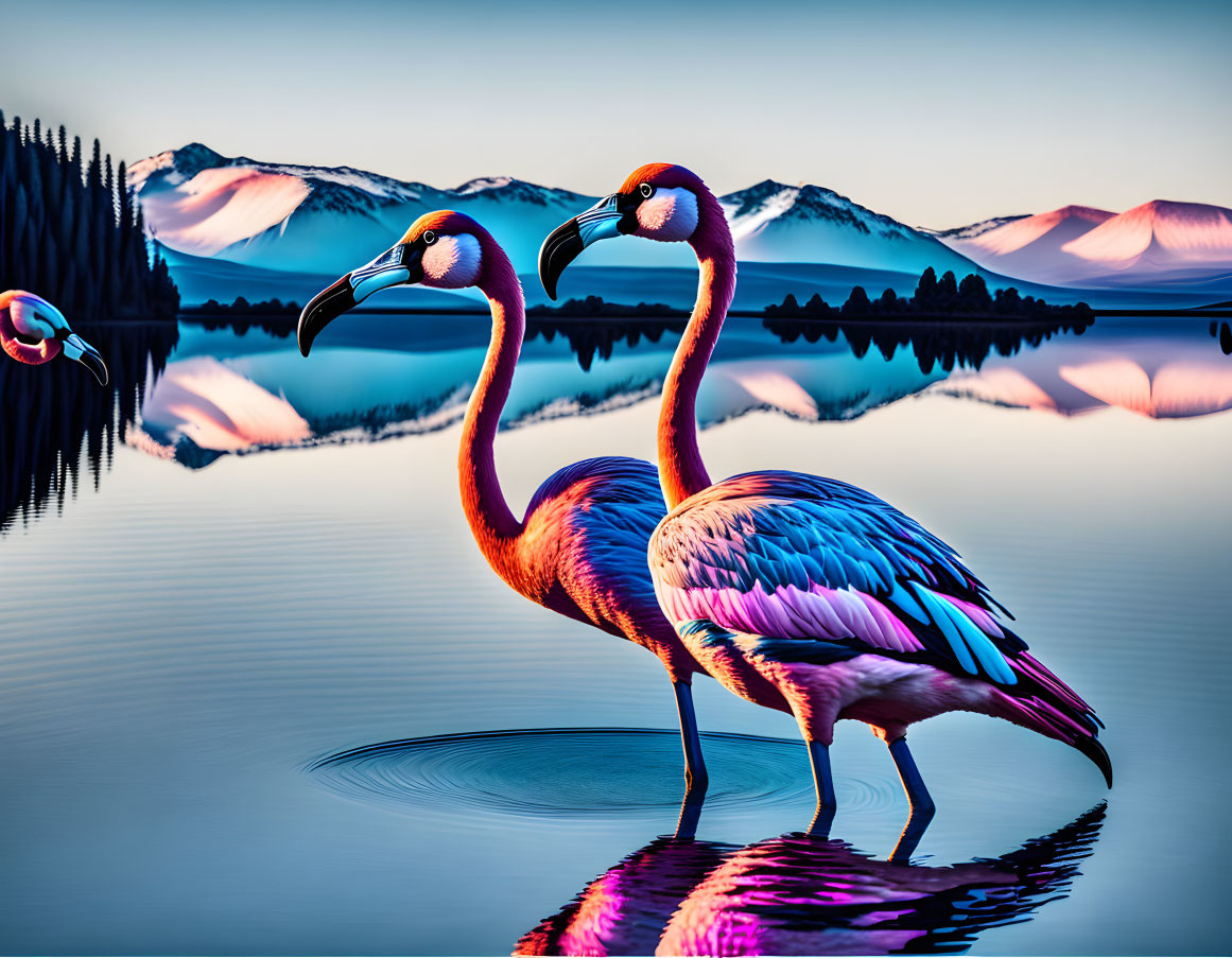 Two vibrant flamingos in tranquil water with mountain backdrop at twilight