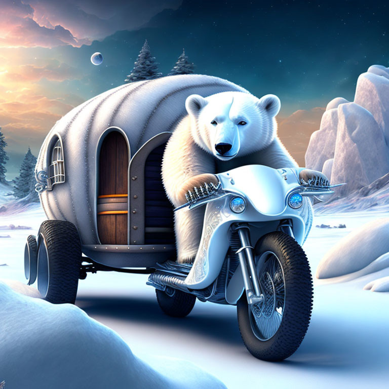 Polar bear on motorcycle with cozy sidecar in snowy twilight landscape