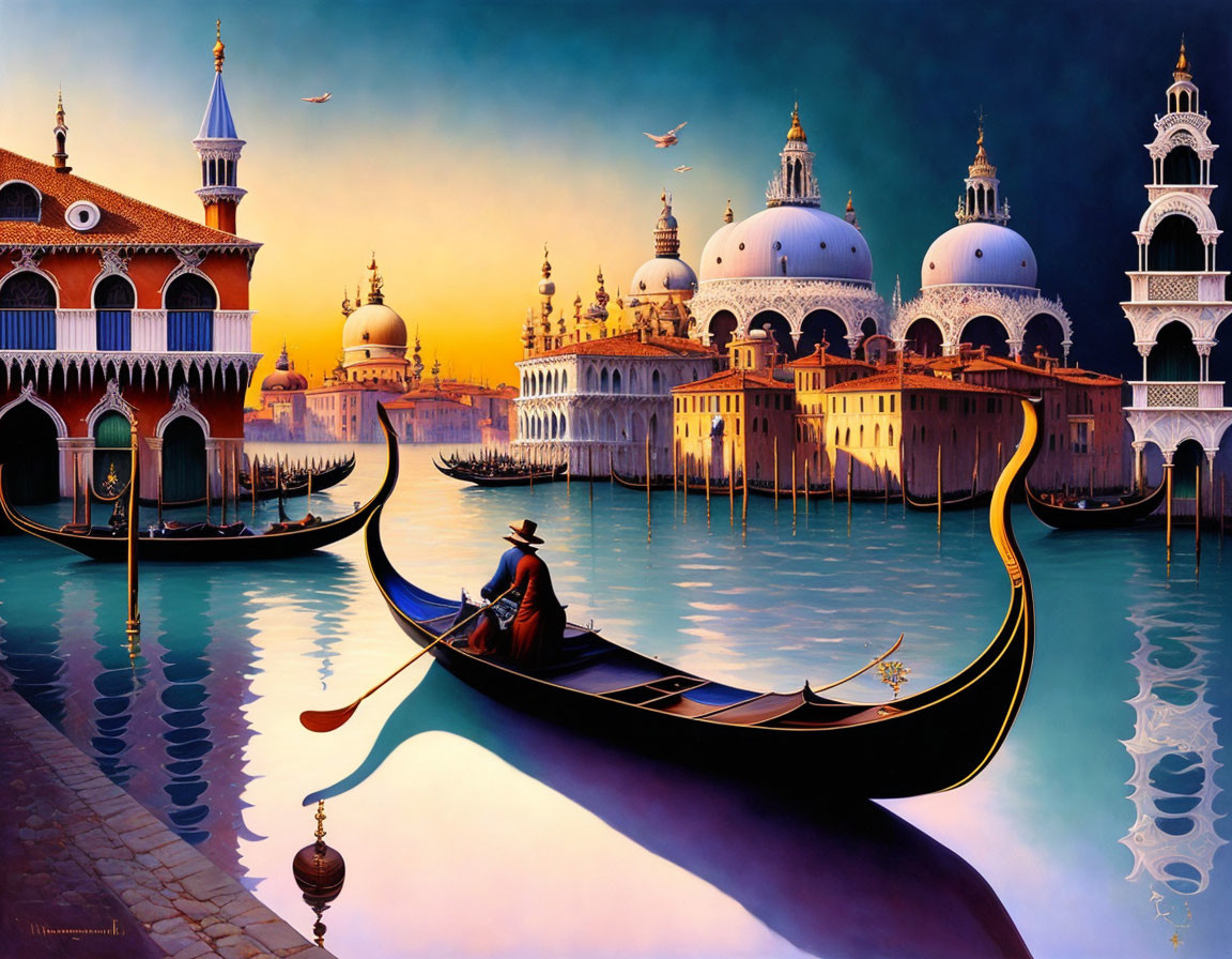 Venetian canal at sunset with gondolier, ornate buildings, and birds