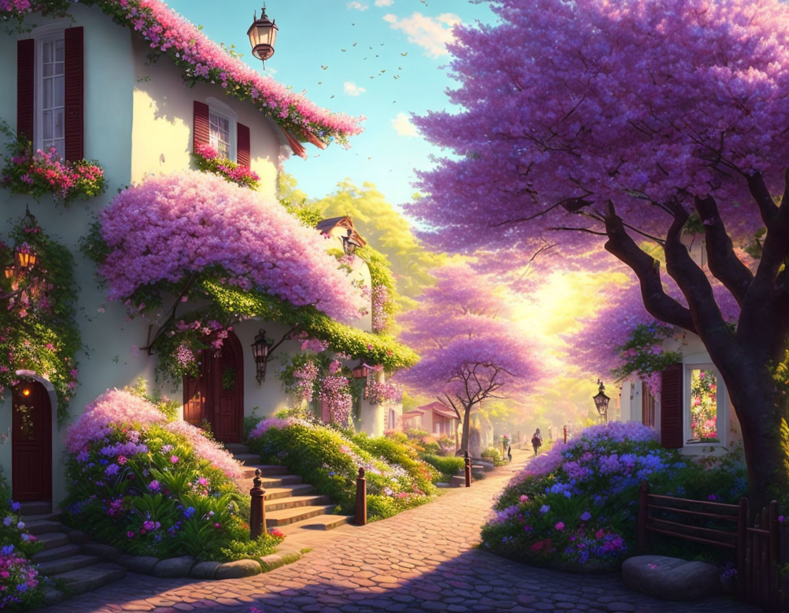 Charming street with pink trees and sunset-lit houses