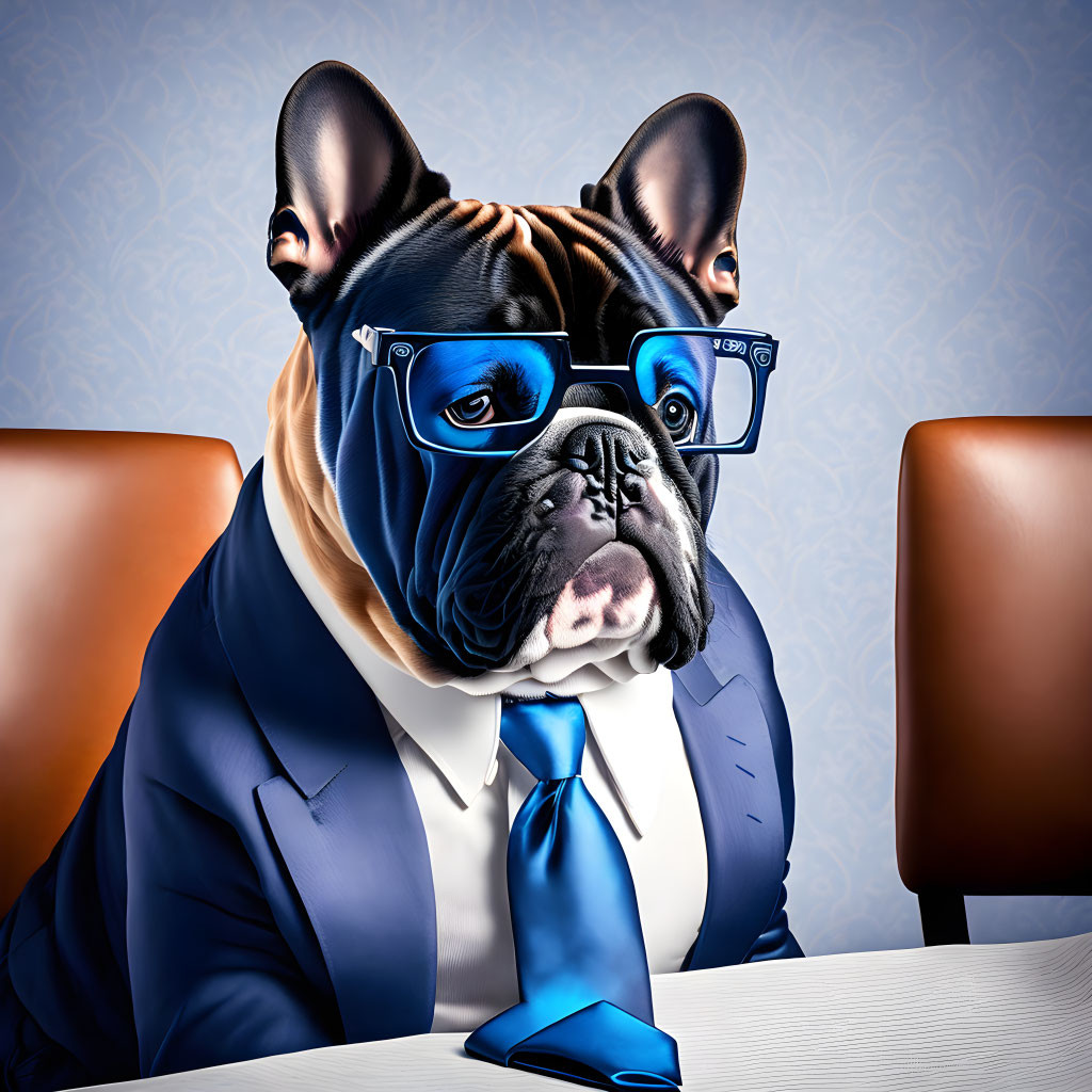 French Bulldog in Business Suit with Tie and Glasses at Textured Background