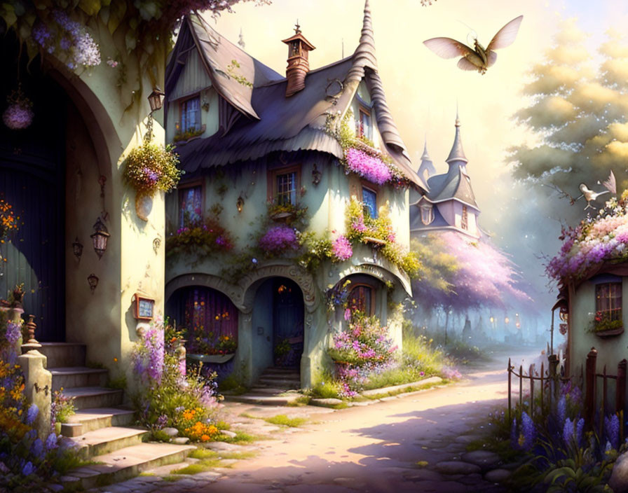 Enchanting fairy-tale cottage with blooming flowers and butterfly