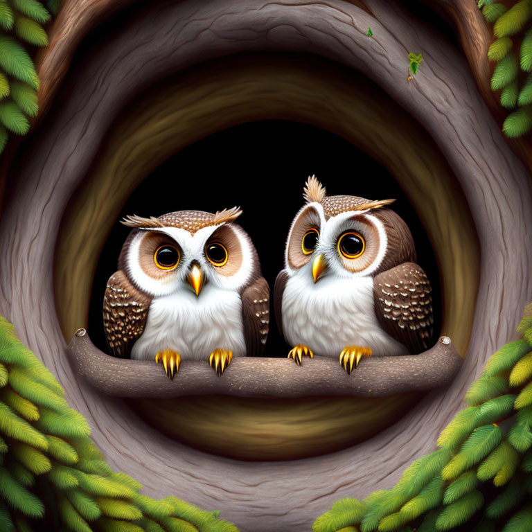 Cartoon Owls Perched in Hollow Tree with Green Leaves