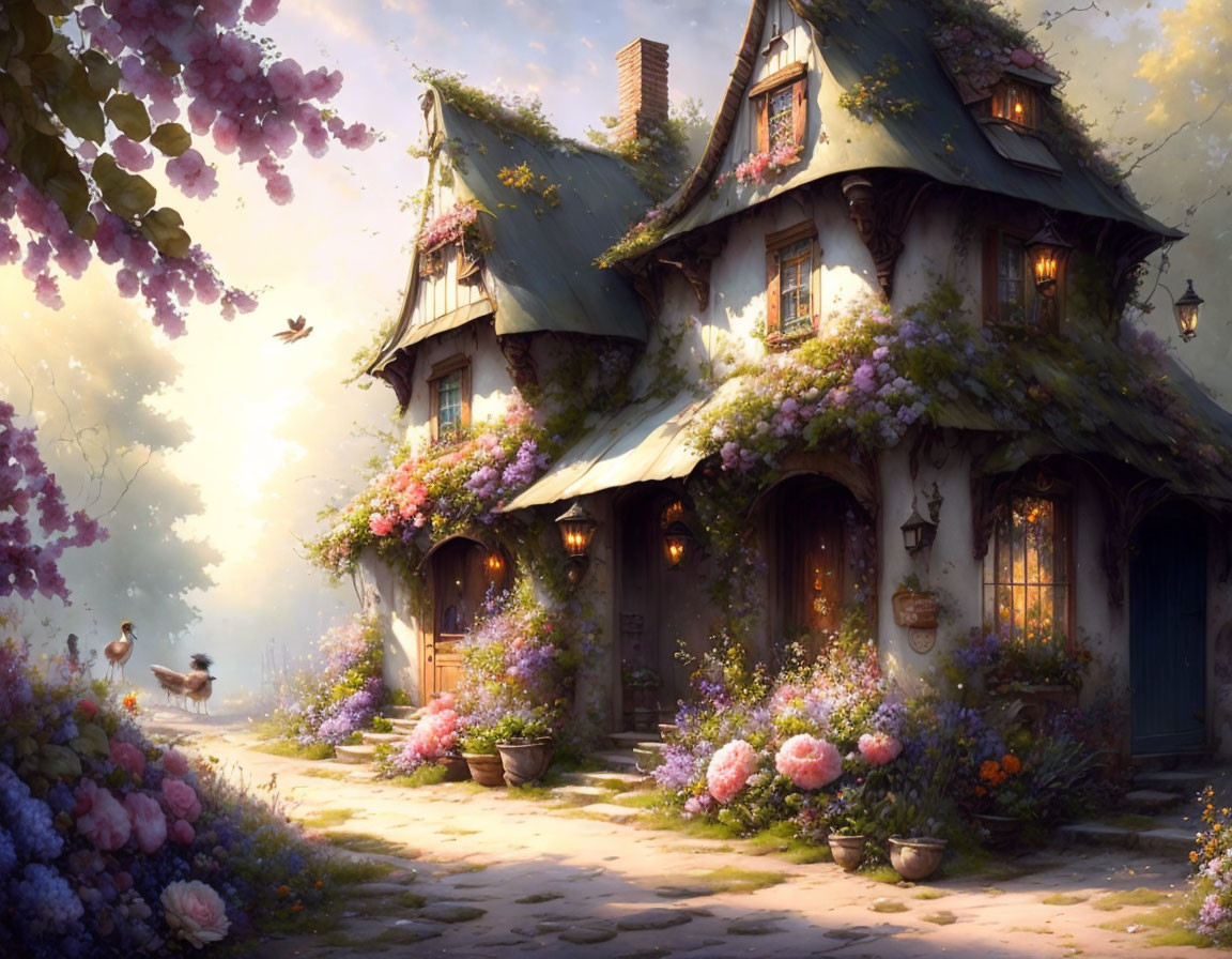 Charming cottage with colorful flowers and ducklings in nature