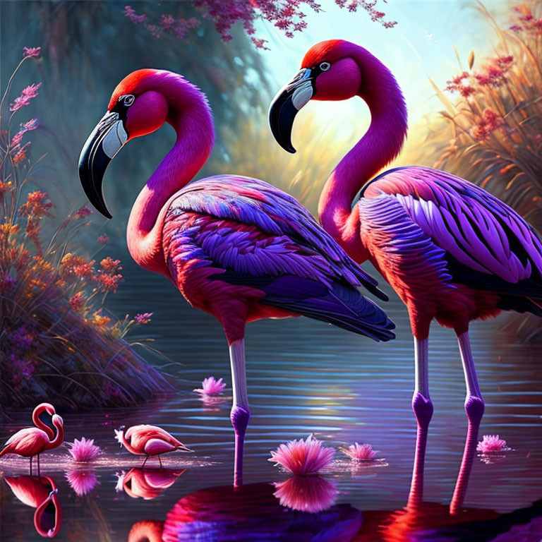 Vibrant pink flamingos in serene water body with lush foliage