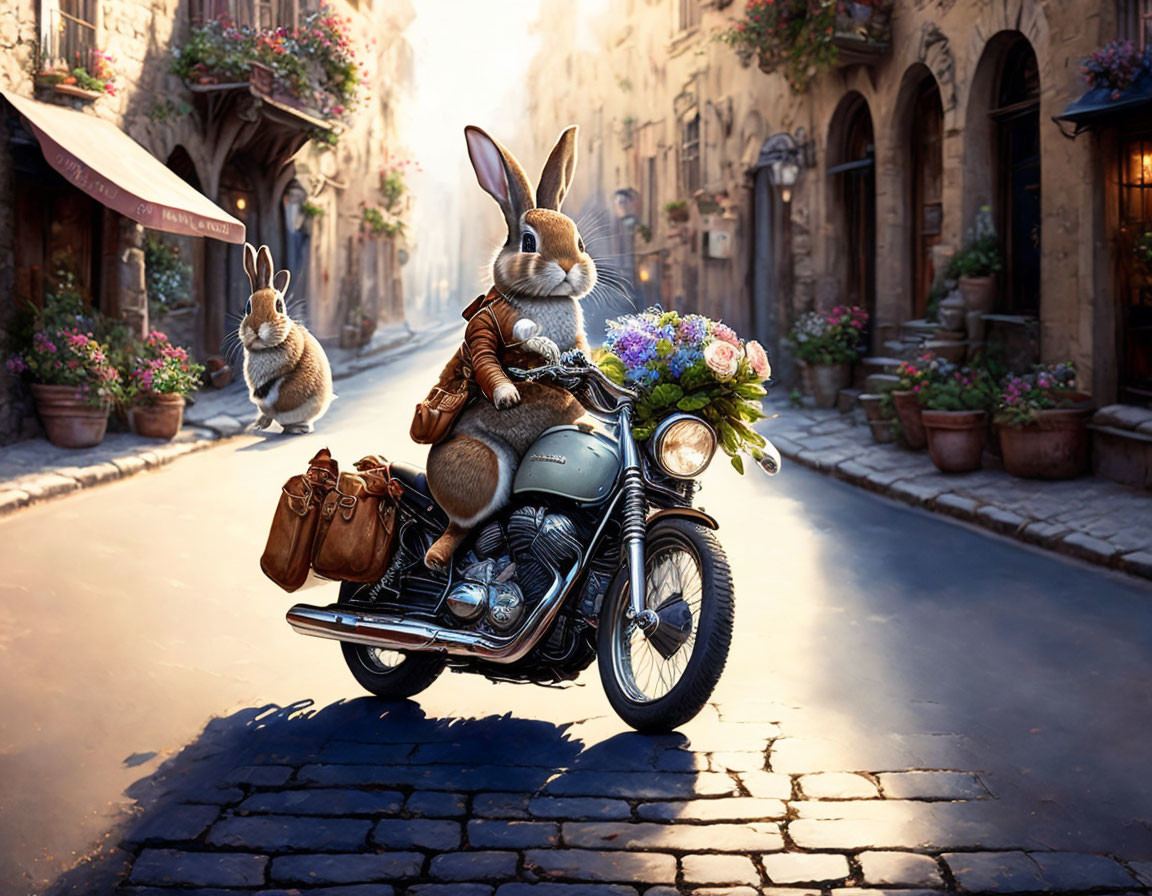 Rabbit in leather jacket on motorcycle with bouquet and bags in European street