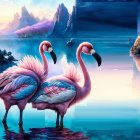 Flamingos by serene lake with misty mountains at sunset