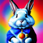 Colorful Rabbit with Blue Jacket Holding Red Lantern on Rainbow Background