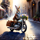 Rabbit in leather jacket on motorcycle with bouquet and bags in European street