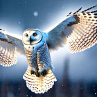 Snowy Owl Flying in Wintry Forest with Falling Snowflakes