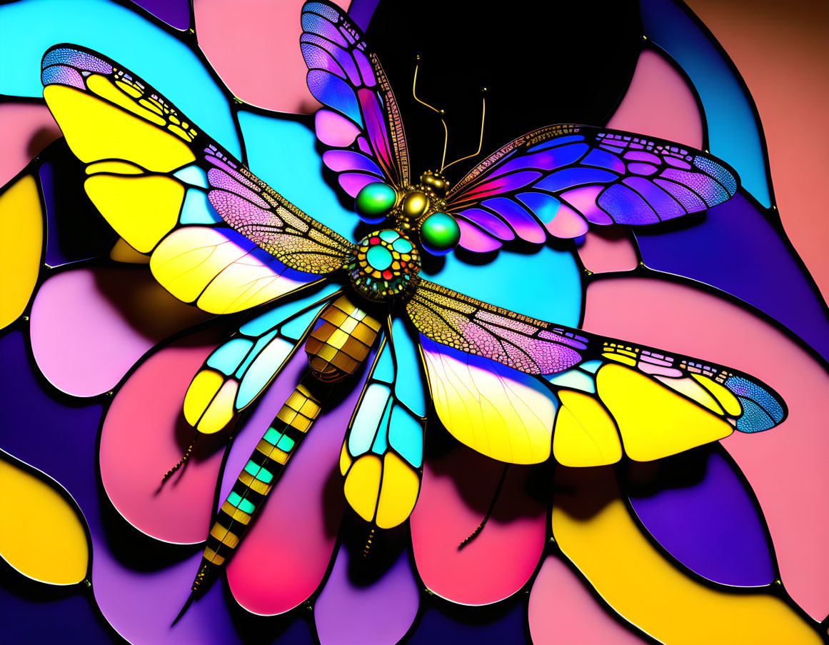 Colorful Stylized Dragonfly Art Against Abstract Background