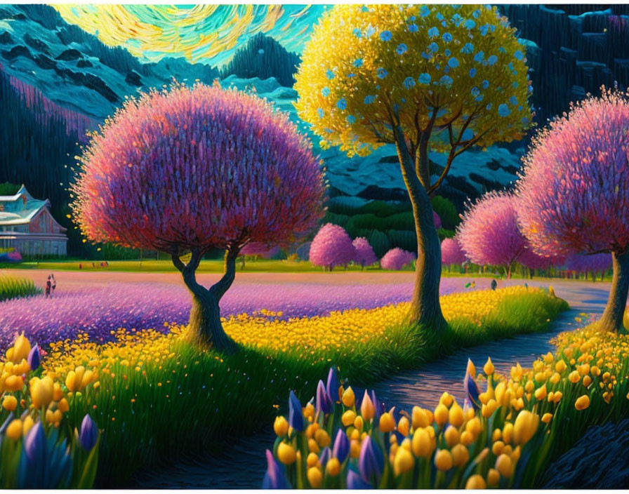 Colorful landscape with stylized trees, blooming tulips, swirling skies, and distant mountains.