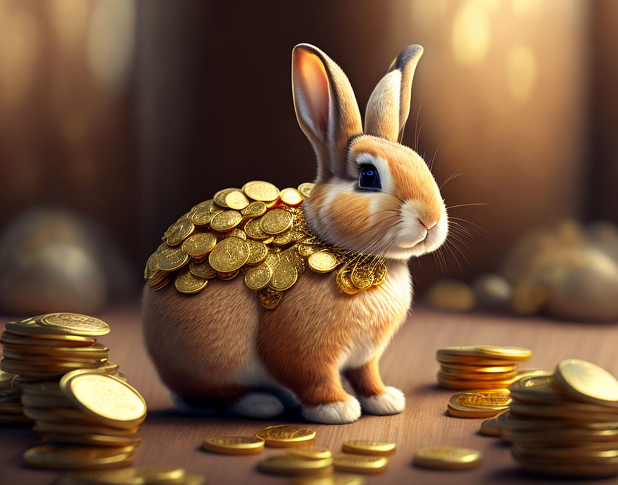 Brown and White Rabbit with Golden Coin Cape Surrounded by Coins