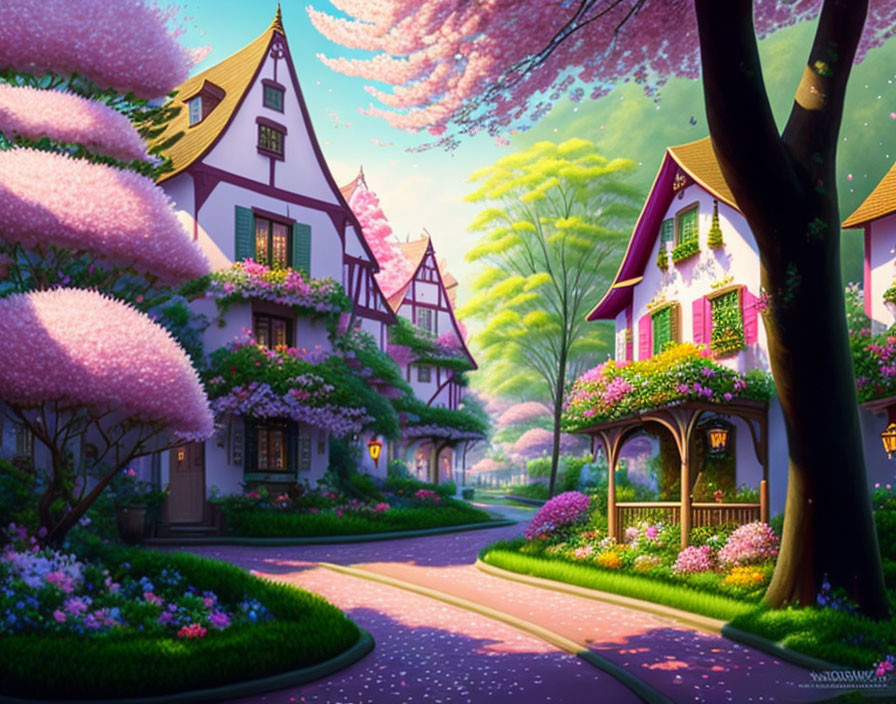 Quaint houses with flowers under pink blossoming trees