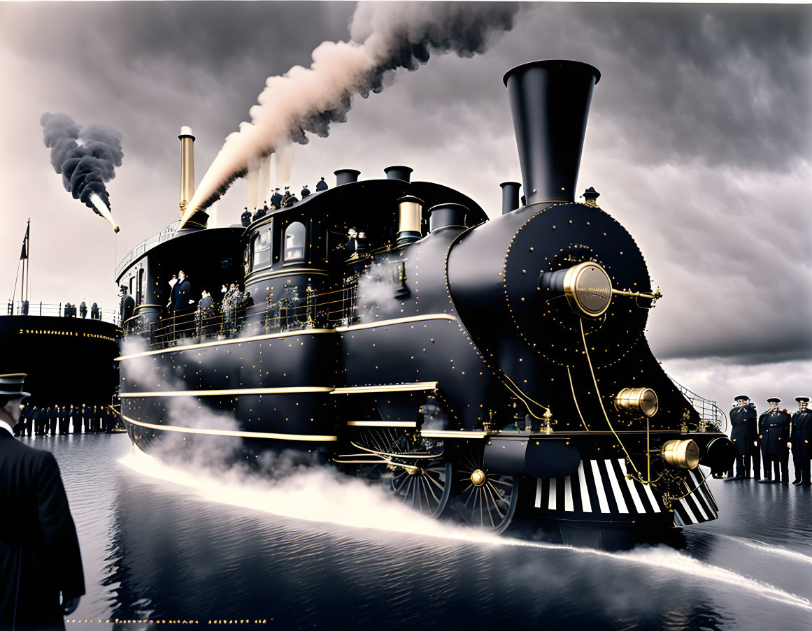 Vintage steam locomotive with gold accents and uniformed individuals.